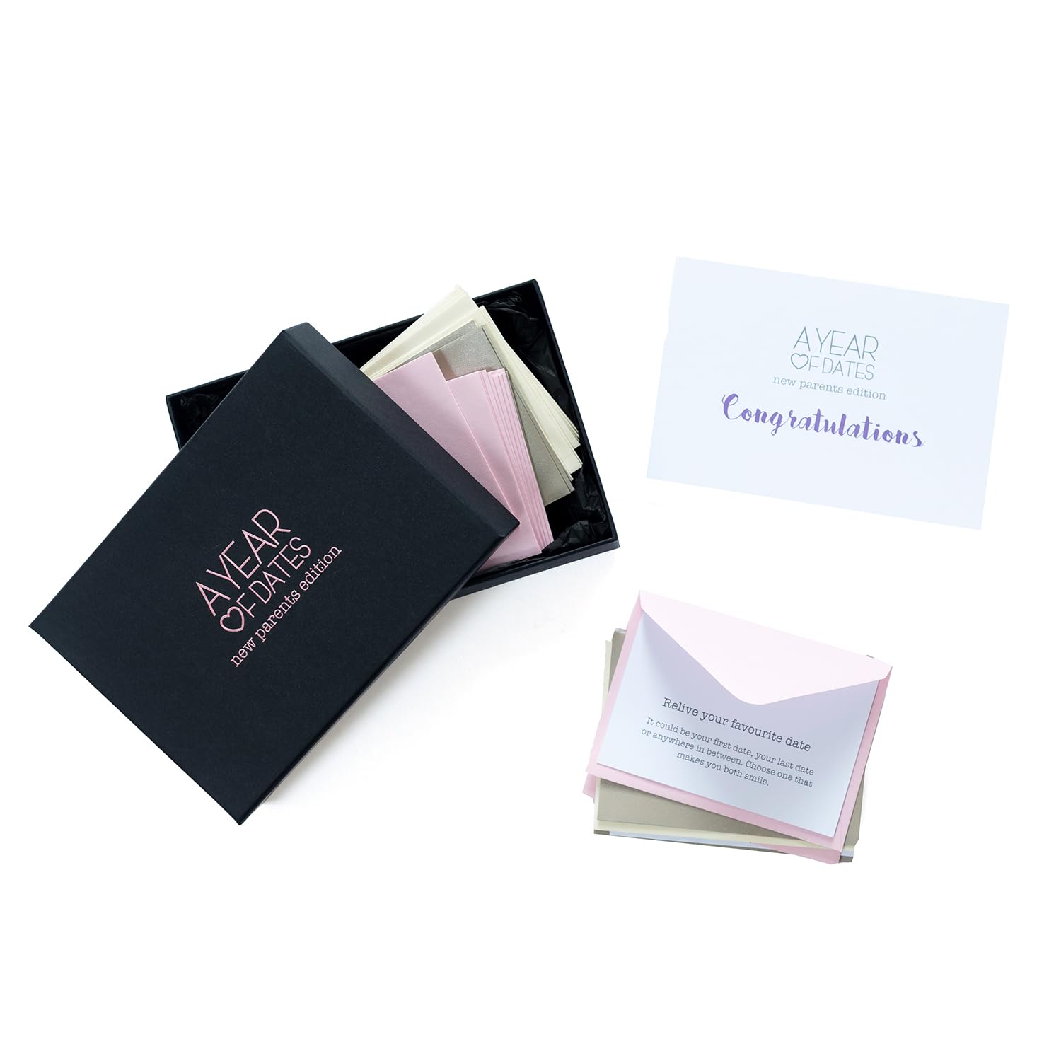 A Year Of Dates New Parents Gift Box in pink - 26 Activity Ideas for New Parents Including Date Night Ideas, Family Days Out & Adventures with Baby –Gifts for Couples with Kids