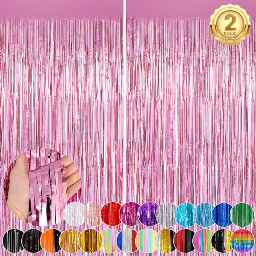 Image of Glitter Pink Party Streamers 2Pack Glitter Foil Fringe Curtain 3.3 x 8.3ft Pink Party Decor Photo Booth Streamers Metallic Tinsel Door Streamer for XmasThanksgiving Engagement Party Decors Streamers