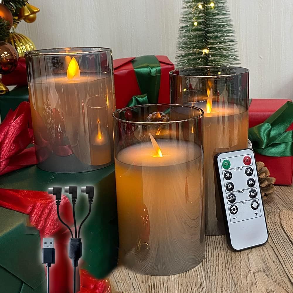 NICE POINT LED Flameless Candles,Rechargeable Flashing Pillar Real Wax Candle with Remote Control and Timer