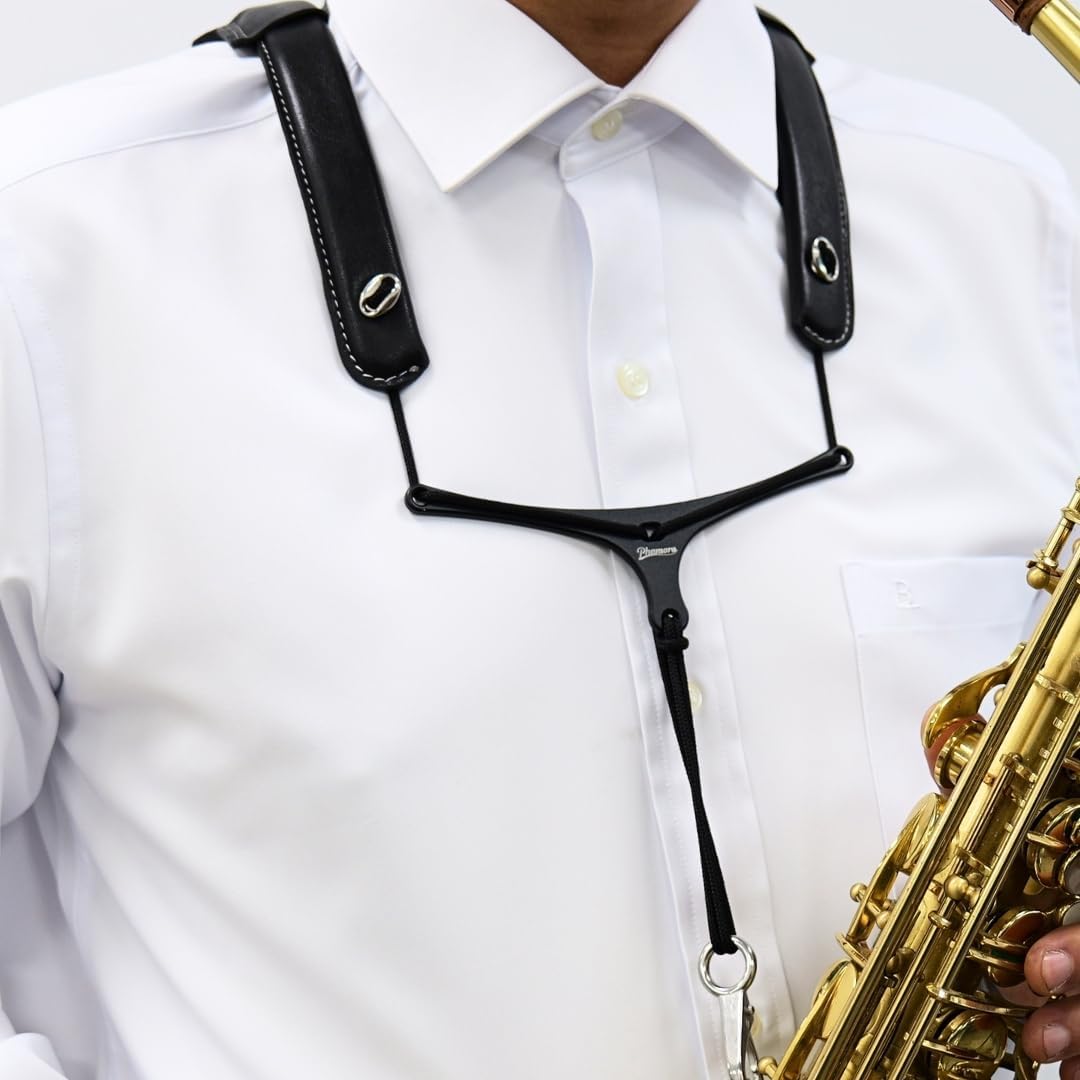 Genuine Leather Saxophone Double Shoulder Strap, Ergonomic Artisan Harness with Adjustable Shoulder Curve & Metal Beam, Pressure Relief for Alto/Tenor/Baritone/Soprano Saxophone