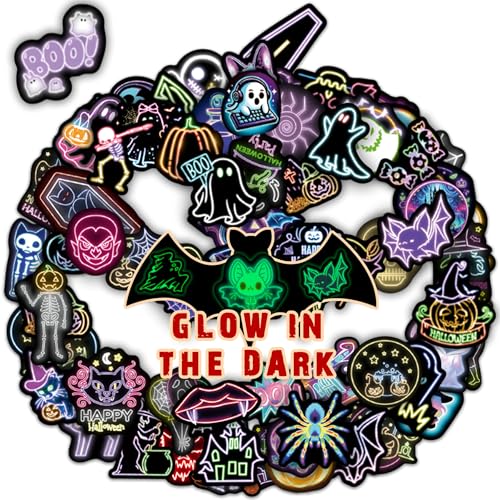 70 Pcs Glow in The Dark Neon Halloween Stickers for Kids Waterproof Decor for Water Bottle Vinyl Laptop Decals for Teens Girls Boys Students Classroom Prizes