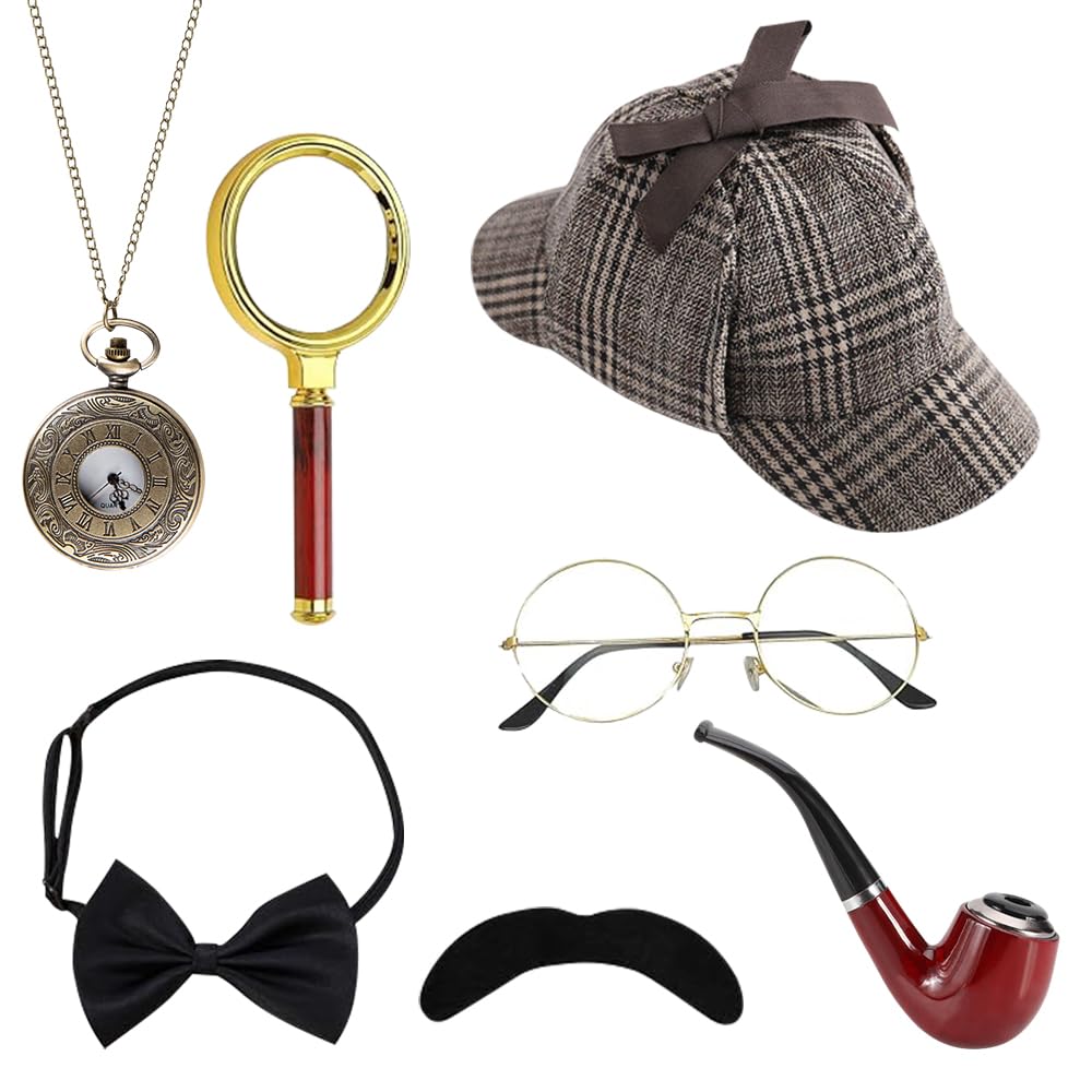 Set di accessori per costume da detective, 7 pezzi, accessori per costume Sherlock Holmes, kit per vestito fantasia, detective cosplay, accessori di scena per carnevale, feste in maschera