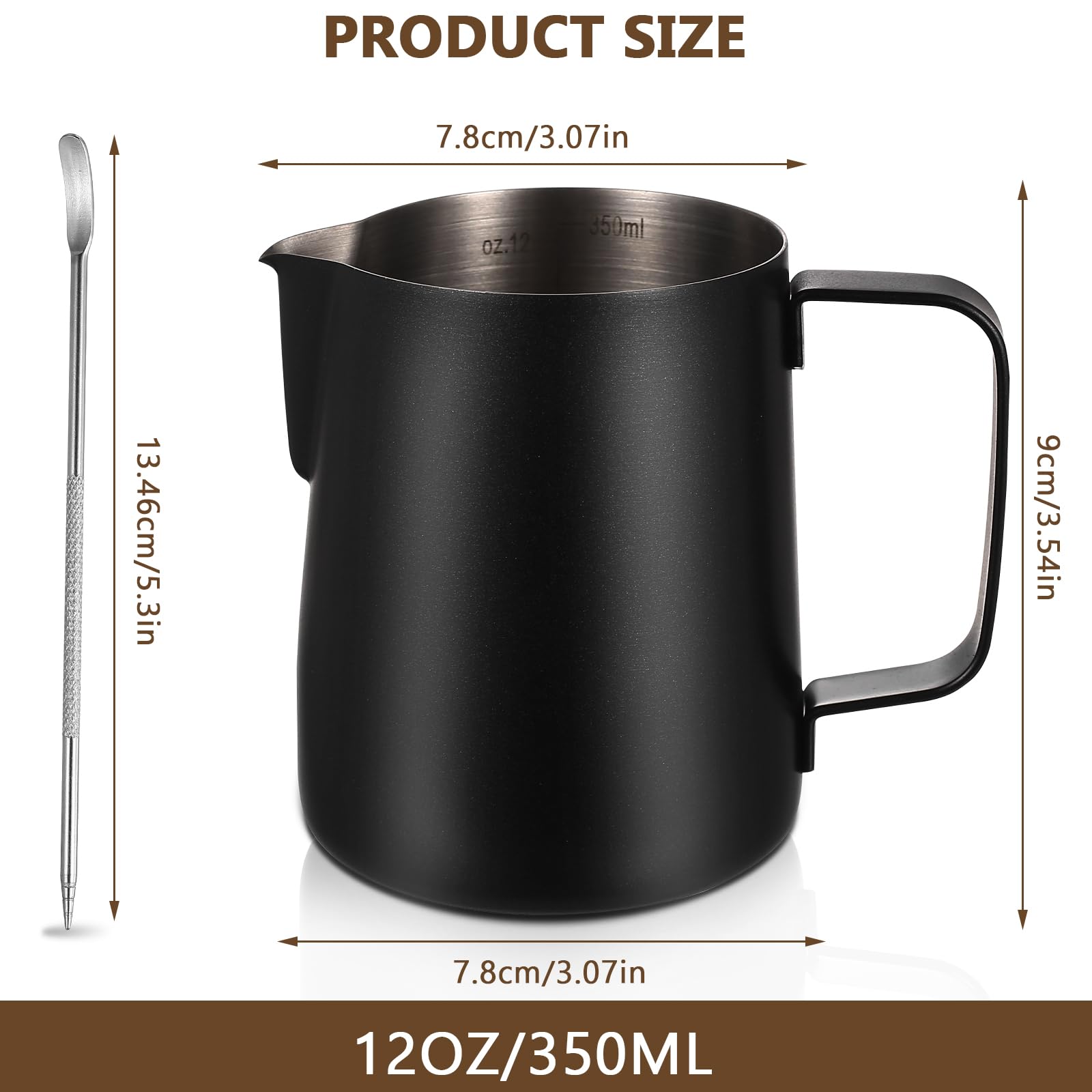 350ml Edelstahl Milchkännchen Barista Zubehör, Milchkanne Edelstahl Milchschaumkännchen, Milchaufschäumer Kanne, Aufschäumkännchen, Milchschaum Kanne, Espresso Kaffeezubehör, mit Latte Art Pen