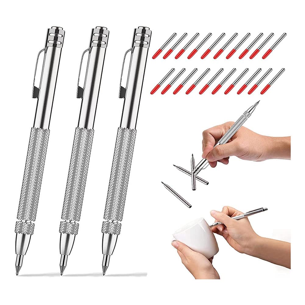 Set di 3 strumenti da tracciare a punta in carburo di tungsteno con , con 20 punte di marcatura di ricambio per vetro/ceramica/acciaio temprato