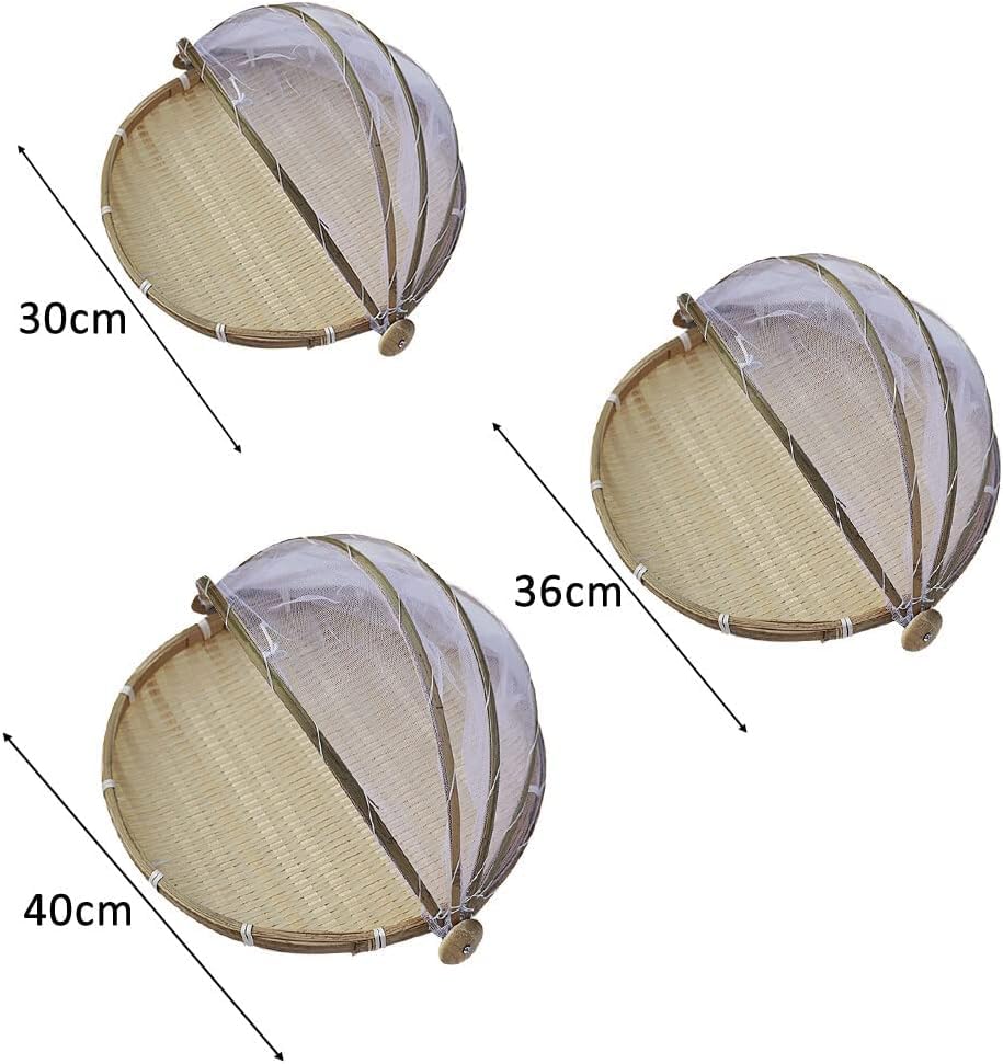 1PCS Hand-Woven Bamboo Food Serving Tent Basket with Cover Handmade Dustproof-Bug-Proof Round Picnic Basket Bamboo Fruit Bread Vegetable Storage Container with Cover Mesh Serving Tray 42cm