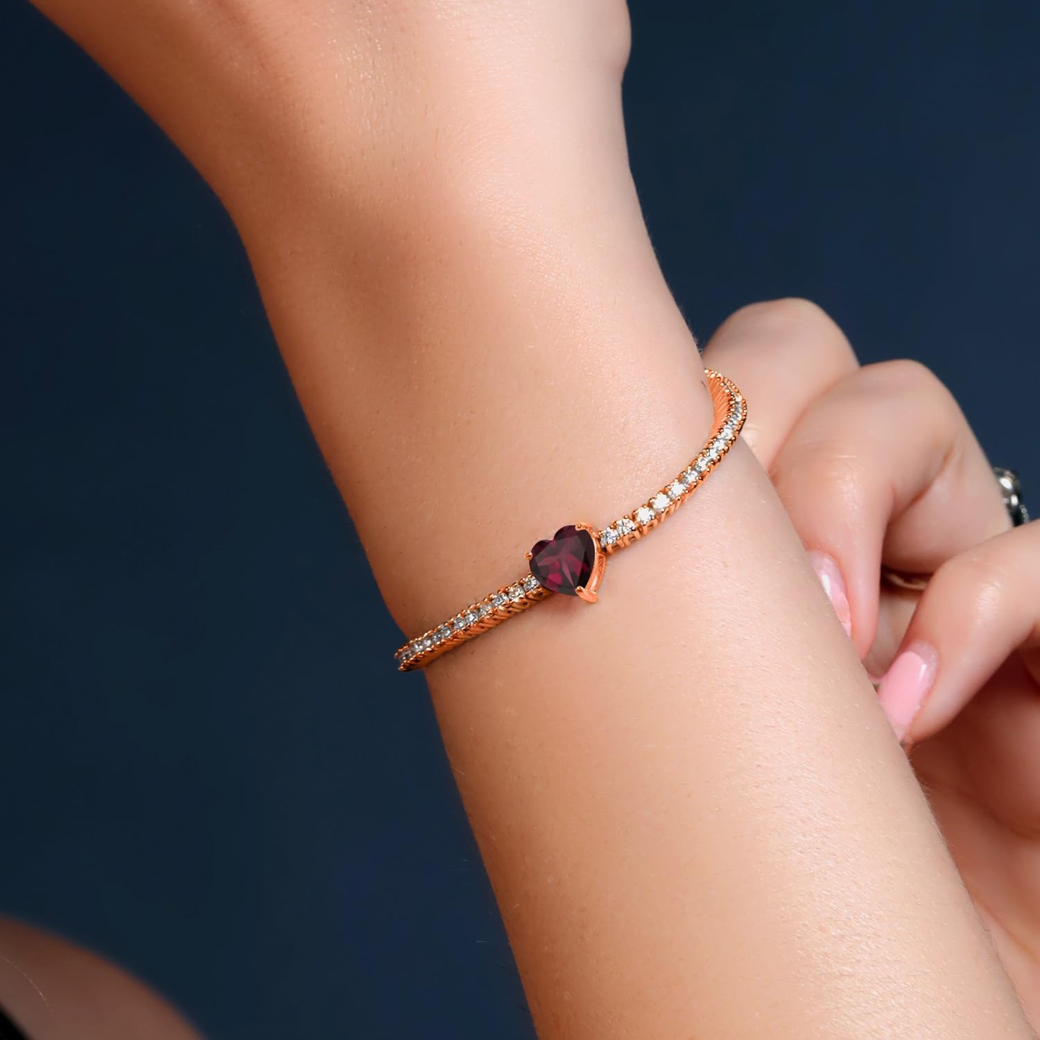 Gem Stone King 4-5 Cttw Heart Tennis Bracelet for Women | 18K Rose Gold Plated Silver | 8MM Heart Shape Gemstone Birthstone and White Moissanite | 7.25 Inch | Fine Jewelry Gifts for Her Mom Wife