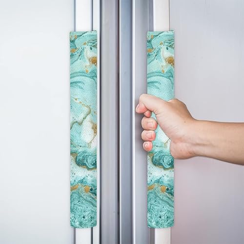 Miniatura 6 de Paquete de 2 fundas decorativas para manijas de puerta de refrigerador de mármol turquesa para electrodomésticos de cocina, textura de mármol, juego