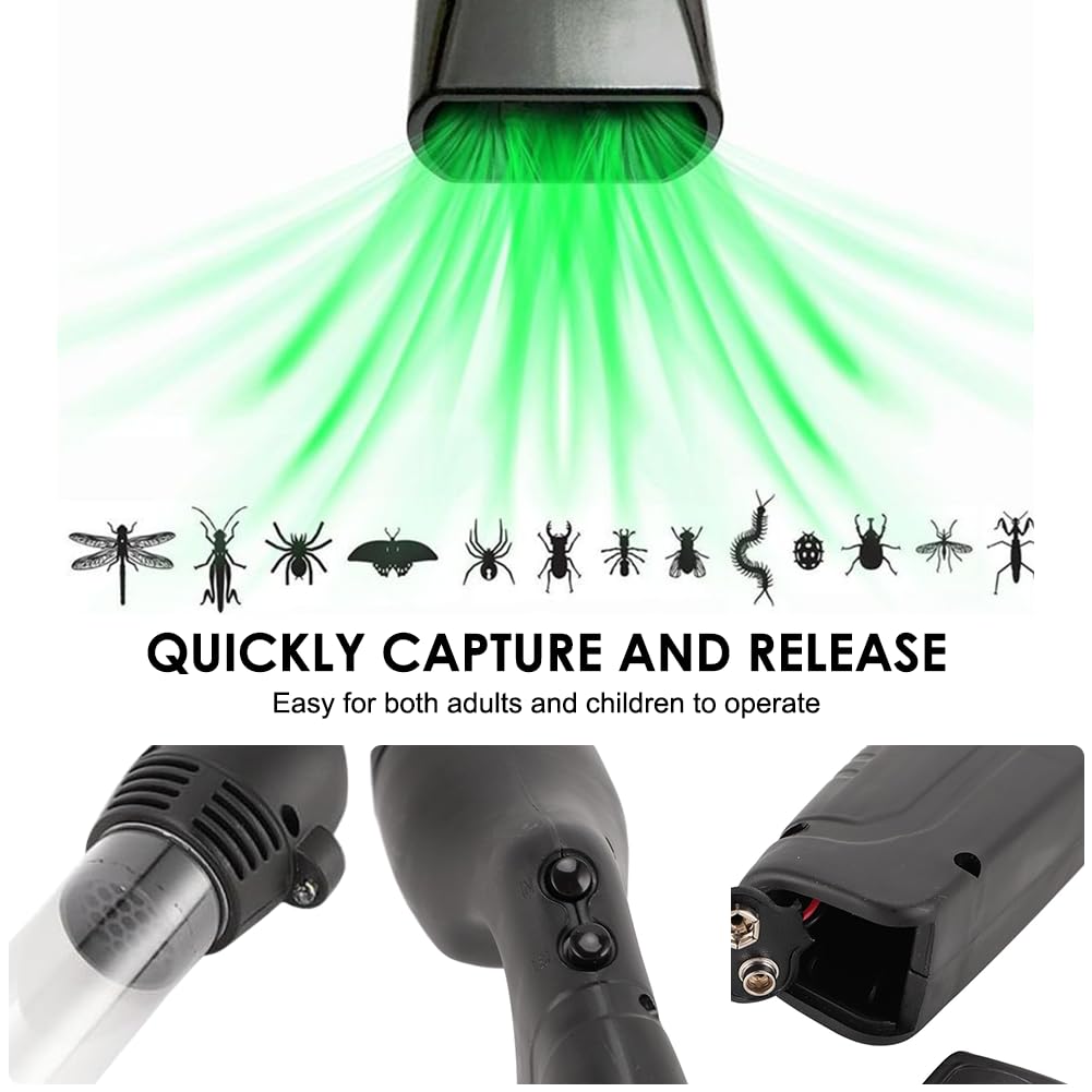 Porta-insetti, tettarella per ragni, a batteria, con luce LED, manico lungo in PC, aspira gli insetti vivi senza toccarli