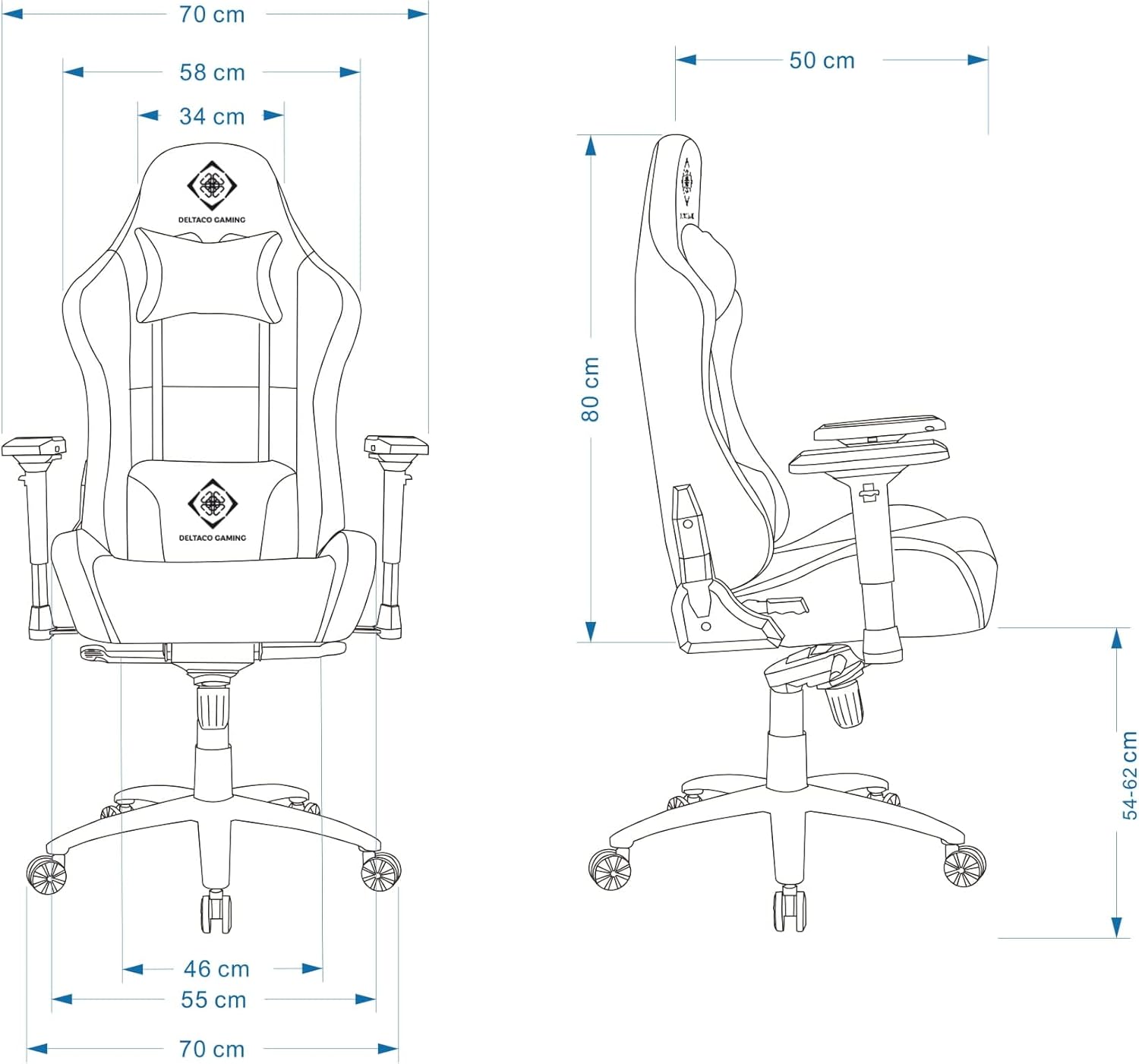 Technical drawing with dimensions of the gaming chair