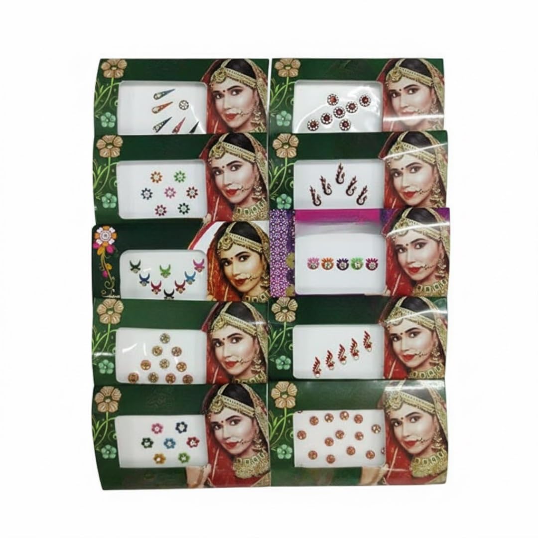 KULIA Set di bindi di design con punti rotondi e pietre multicolore per donne e ragazze, collezione tradizionale indiana di abbigliamento da sposa e da festa. Confezione da 8 bindi per la fronte.