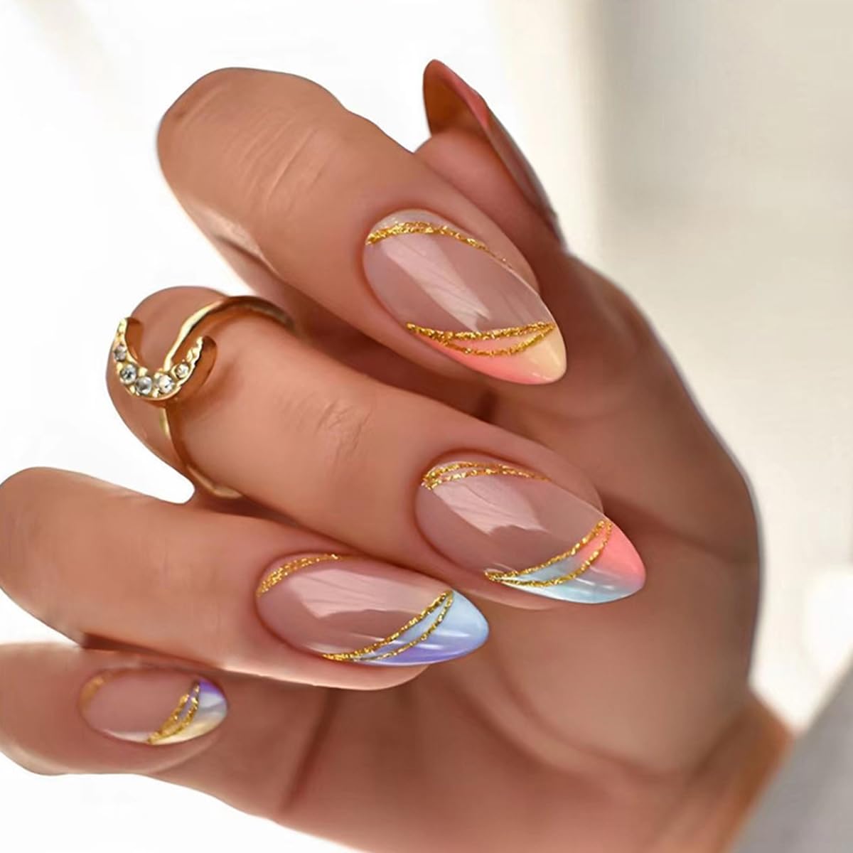 AkiliBIELY French Tip Press on Nails - Almond Short Medium Holographic Pink Gold Ombre Blue Curve - Glue on Fantasy Women's Acrylic False Nails for