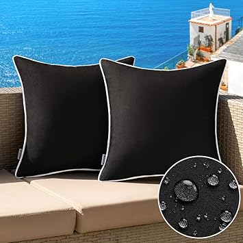 MIULEE Pack of 2 Outdoor Waterproof Decorative Farmhouse Throw Pillow Covers - Square Solid Color Couch Pillow Covers for Patio Tent Bed Sofa Living Room 18x18 Inch Black