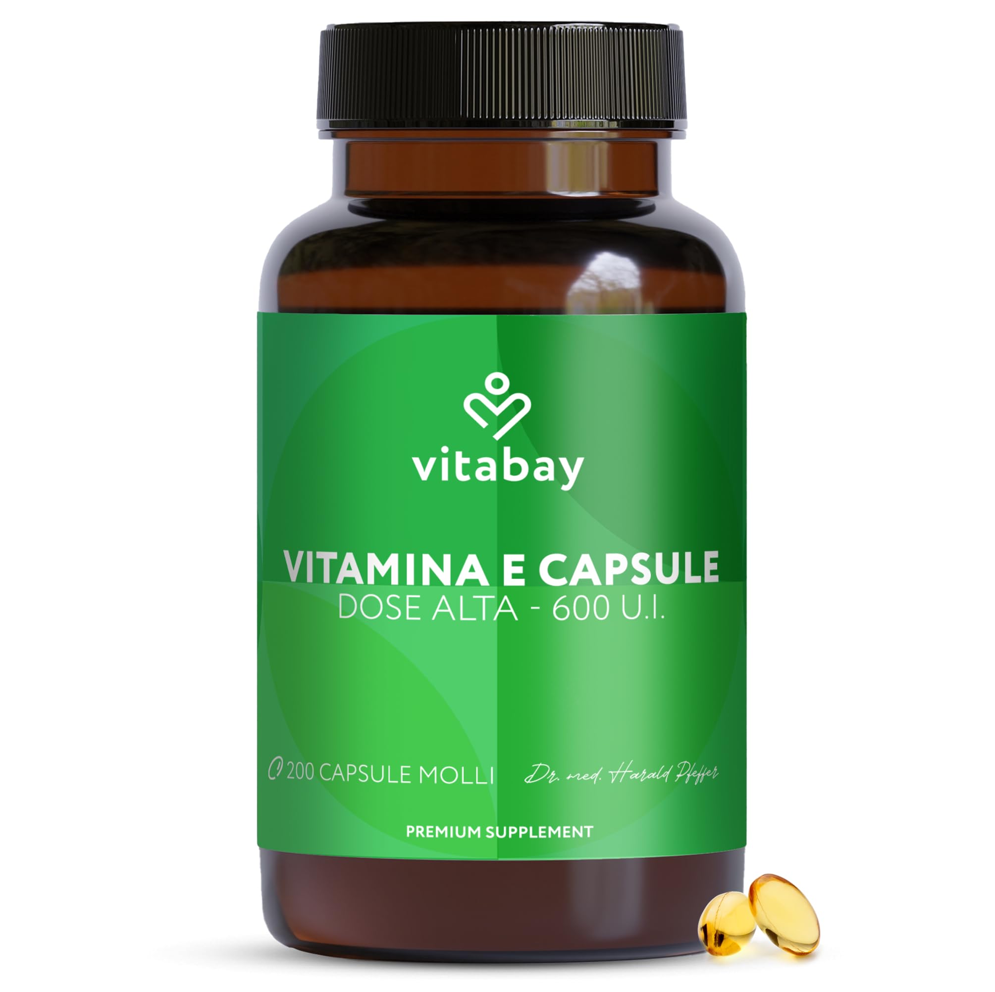 Vitabay Vitamina E 600 UI Depot - 200 softgel vegane - D-alfa-tocoferolo - alto dosaggio - contribuisce alla protezione delle cellule dallo stress ossidativo - testato in laboratorio - 12 mesi