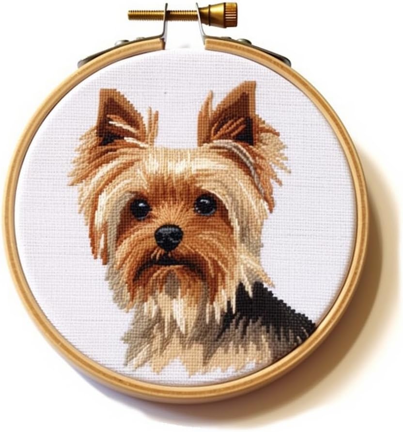 Yorkshire Terrier Stamped Cross Stitch Kits for Beginners Easy with Hoop 11CT Needlepoint Embroidery DIY Counted Cross Stitch Kits Art Craft Wall Decor 35x35cm(1)
