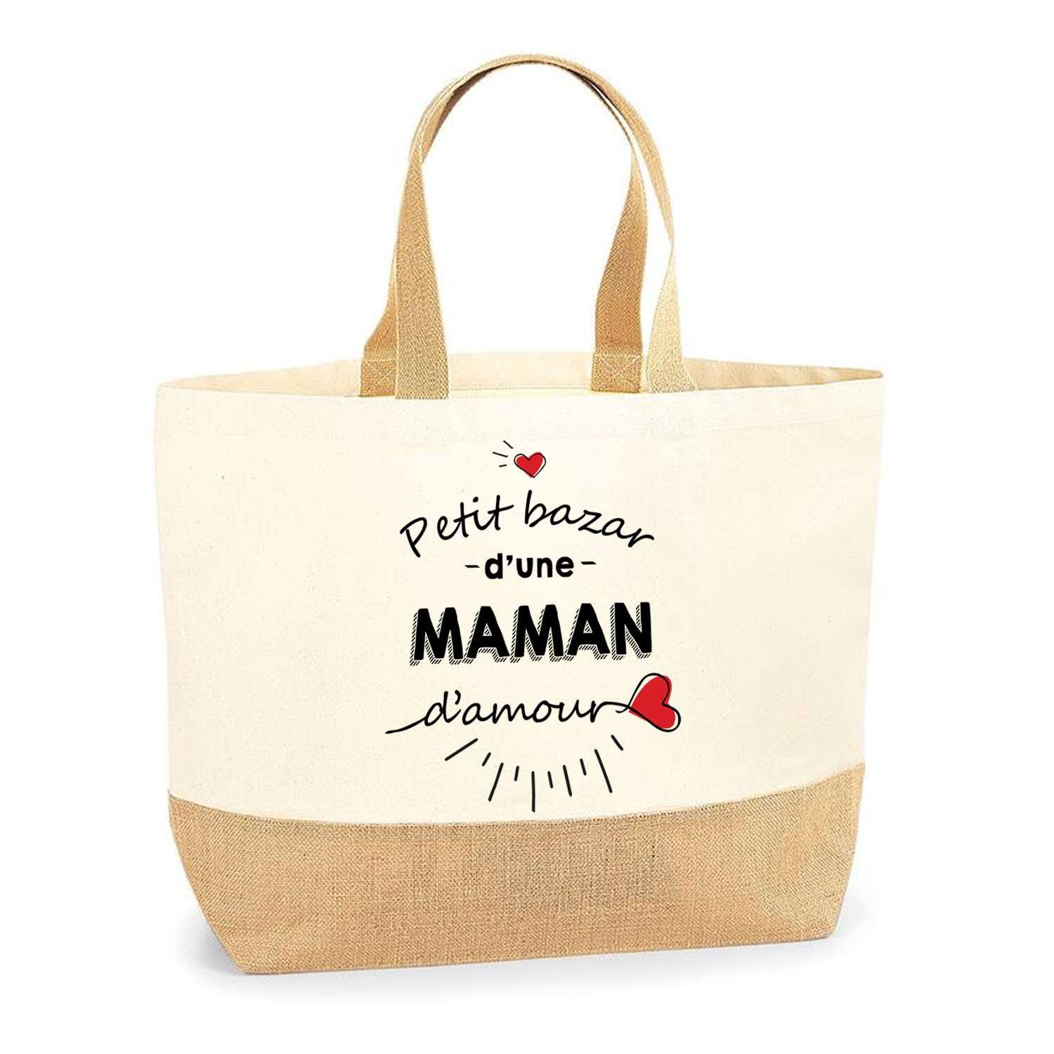 Planetee Sac Maman d’Amour | Grand Cabas en Toile de Jute pour Courses ou Sorties, Idéal Plage, Cadeau Original pour Maman, Anniversaire ou Fête des Mères