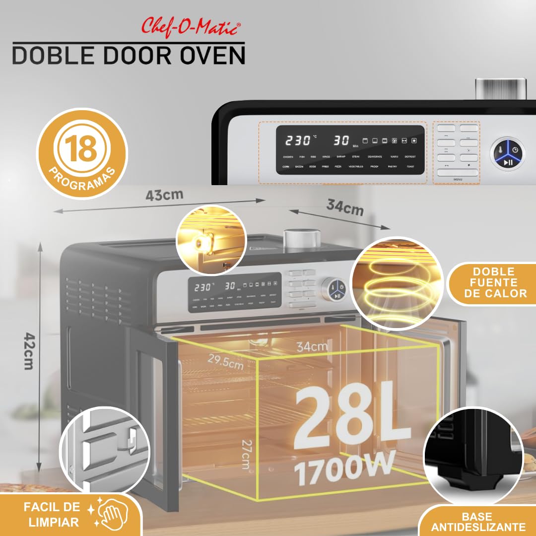 STARLYF Doble Door Oven Four Friteuse à Air XXL 28L | Double Porte, 18 Programmes, 1700W, Grill, Rôtissoire, Déshydrateur et Écran LCD | Four Électrique Multifonction de Cuisine