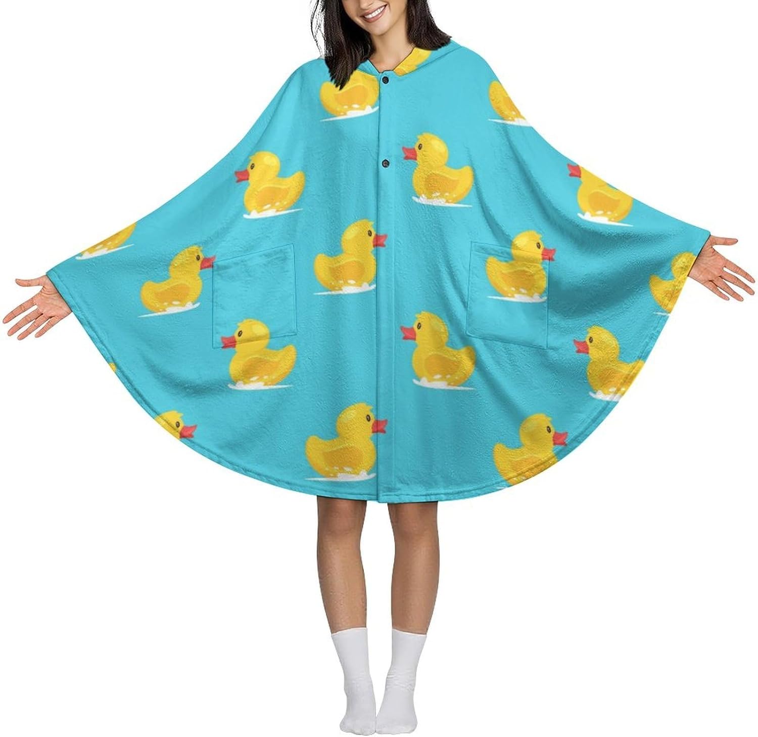 Yellow Rubber Duck Wearable Blanket with Hooded Flannel Blankets Cape with Pocket