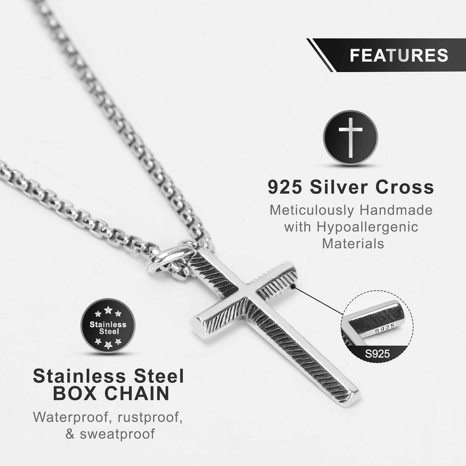 925 Silver Cross Necklace for Men, Oxidized Handcrafted Hammered/Diagonal, Vintage Silver Cross Pendant with Stainless Steel Chain, Gift for Men for Father’s Day, Christmas, Thanksgiving