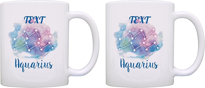 Aquarius New Age Gifts For Men Personalized Zodiac Sign Aquarius Watercolors 2 Pack Customized 11oz Ceramic Coffee Mug Set
