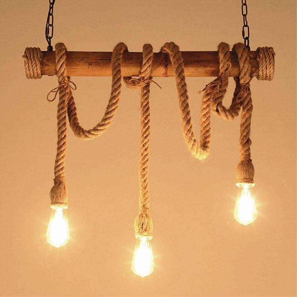 Lustre 3 têtes en corde de chanvre et bambou au style vintage unique