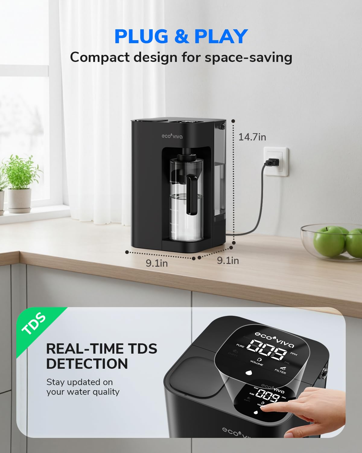 Ecoviva Mate 3 Filtro per acqua ad osmose inversa da banco con 2 caraffe di riempimento automatico, sistema di filtrazione RO a 8 fasi, senza installazione, riduce il TDS, rapporto puro-scarico 3:1