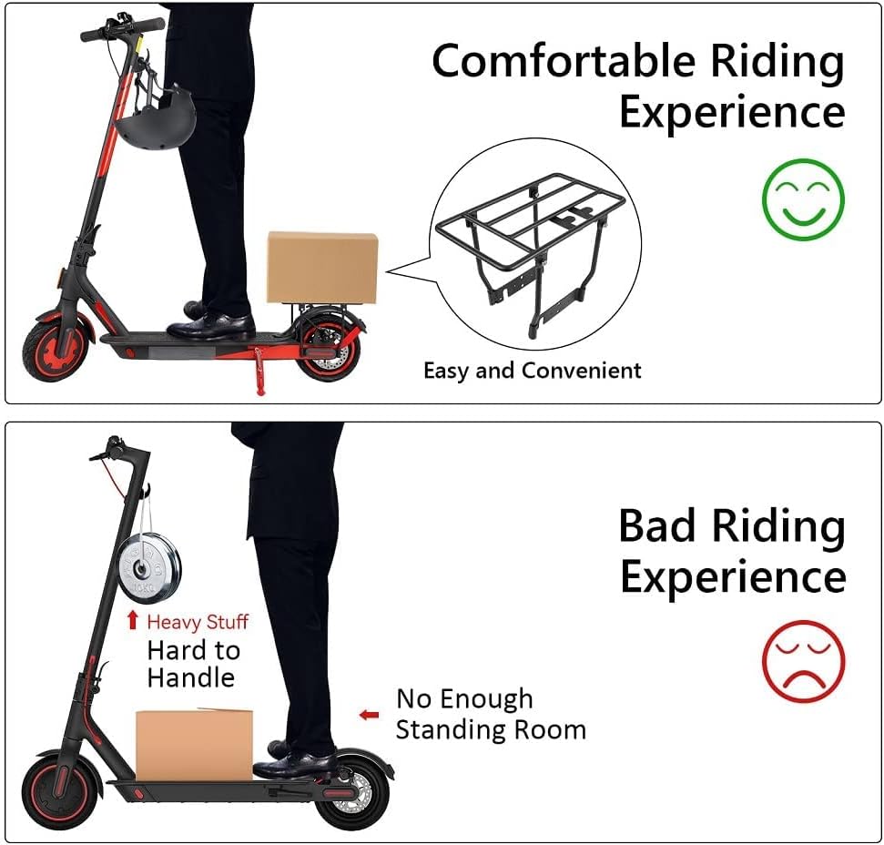 Comparison image showing a comfortable riding experience with the rack versus a bad riding experience without enough standing room due to carrying heavy items.