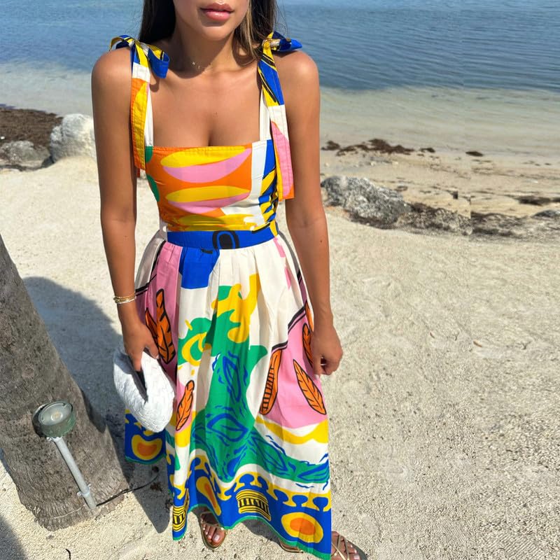 NUFIWI Women Boho Graffiti Cami Long Dress Graphic Spaghetti Strap Flowy Maxi Dress Square Neck Colorful A Line Sundress3