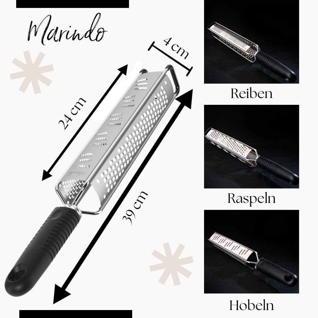 MARINDO Premium Zester 3 in 1 – Reiben, Raspeln & Hobeln | Parmesanreibe, Zitronenreibe, Muskatnuss Reibe, Ingwerreibe u.v.m. | Fein & Grob Edelstahl