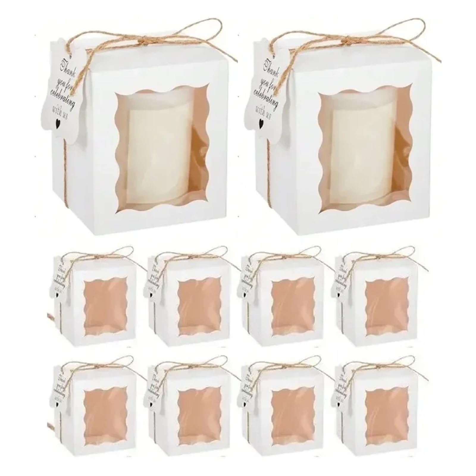 Gwyzax Boxes with Lids 20PCS/set Kraft Paper Open Window Gift Box Baking Cake Cup Favor Candy Packaging Boxes with Tag Rope Wedding Party Decoration