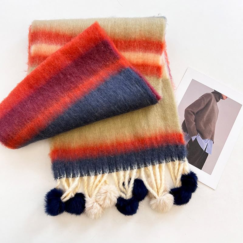 CORIRESHA Women's Winter Chunky Rainbow Scarf Cashmere Feel Warm Scarves with Pom Poms2