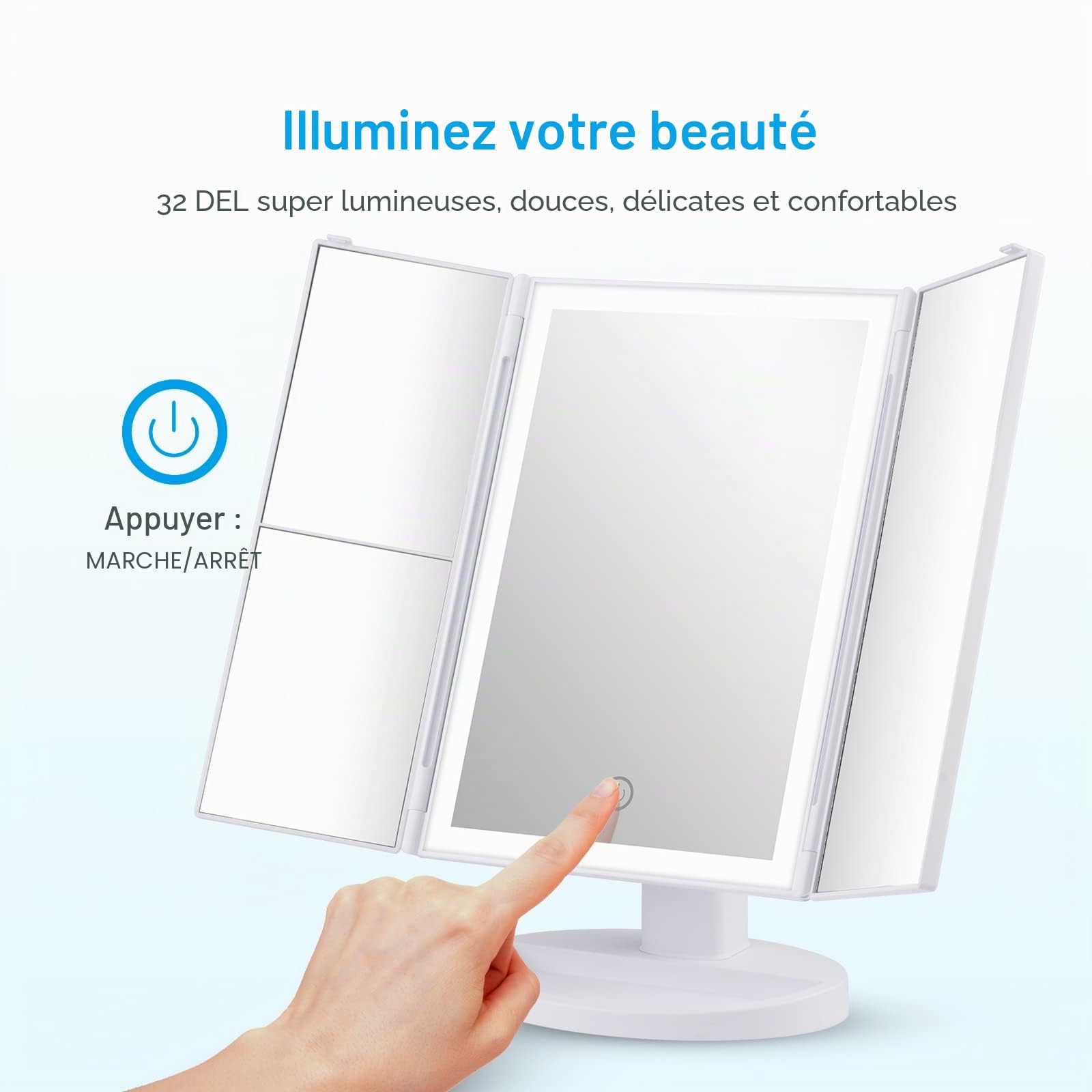 GRIFEMA GF1001W - Miroir lumineux 2X/3X pliable, rotation 180°, maquillage batterie/USB, interrupteur tactile, luminosité réglable, blanc