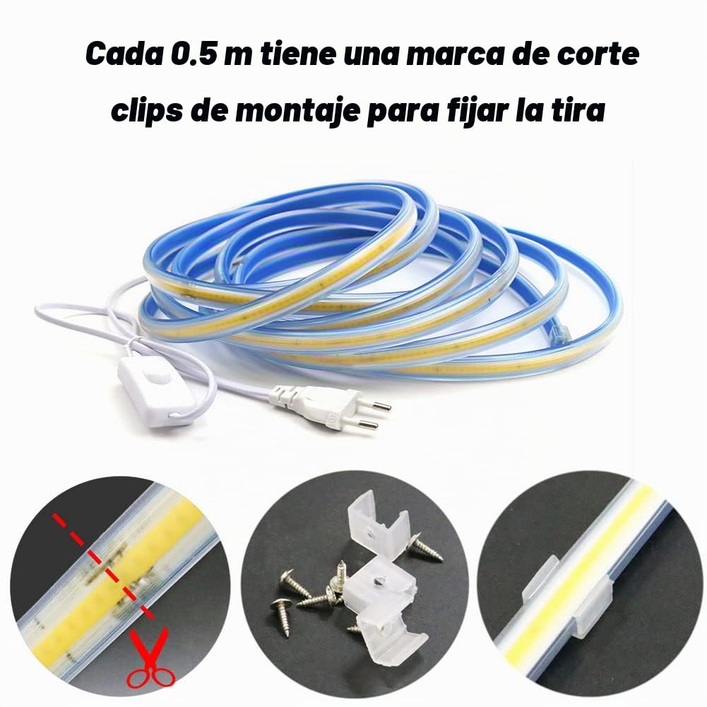 3M Tiras LED COB Directa 220V Sin Transformador IP67 Impermeable Strip Light con Interruptor Blanco Calido 3000K 280 leds/m 15 Watt /m , 3 Metro Tira LED Para Interior Exterior (Blanco Calido, 3)