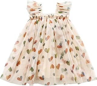 Vestido de tule para meninas com manga mosca, estampa de coração, vestido de princesa, vestido xadrez para meninas