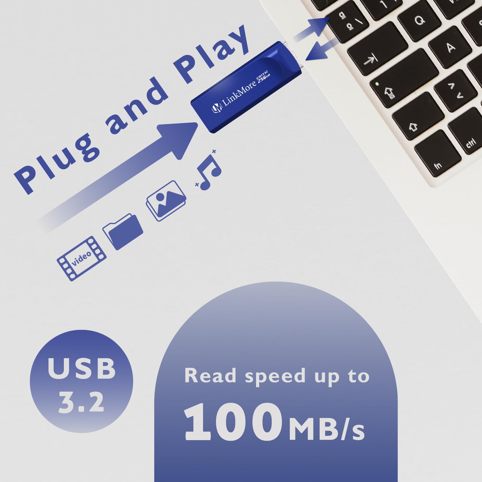 LinkMore EJECT32 256GB USB 3.2 Flash Drive, velocità di lettura fino a 100MB/s, design retrattile Thumb Drive, Pen Drive Memoria Stick Flash Drive Thumb Drive per PC, Laptop