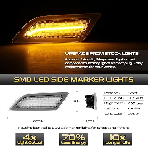 Miniatura 2 de VIPMOTOZ Lámparas reflectoras de marcador lateral LED ámbar delanteras compatibles con 2012-2014 C250 C300 C350 W204 Mercedes Benz lente