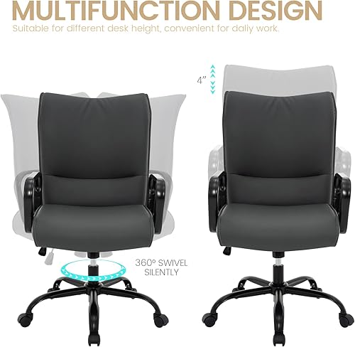 Miniatura 6 de HFGI Living Silla de oficina en casa, moderna silla tapizada de piel sintética con brazos, silla de escritorio giratoria ajustable con ruedas (gris