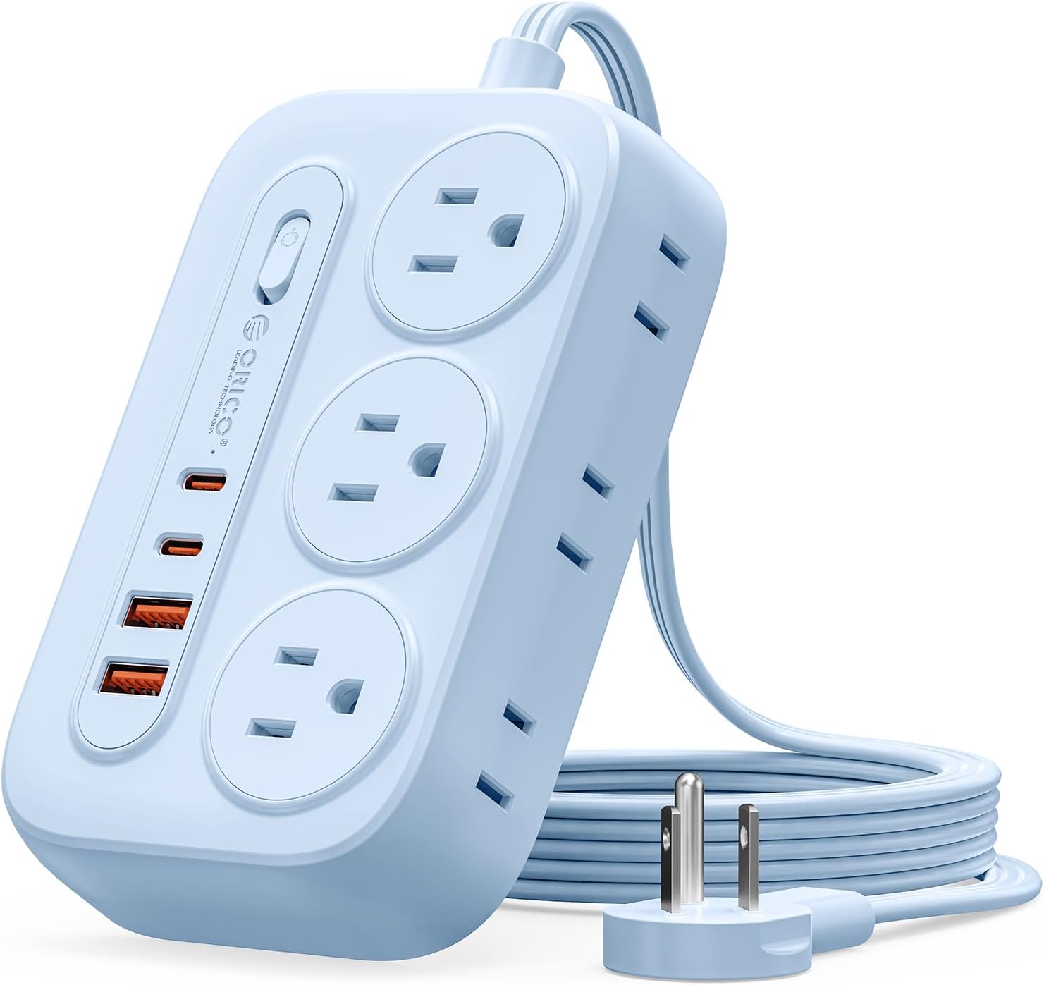 ORICO Surge Protector Power Strip, PD20W Multiple Outlets Extension Cord with 6 AC Outlets and 4 USB Charging Ports (2 USB-C), 45° Flat Plug, 5 Ft Mountable Outlet Extender for Home/Office/Dorm - OG