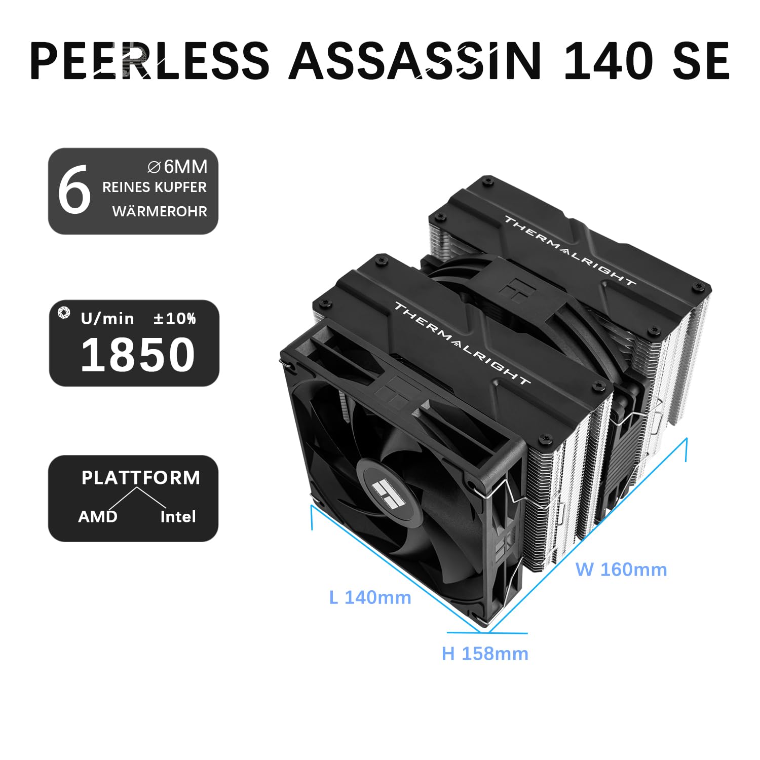 TR-Thermalright Peerless Assassin 140 SE CPU, Dual Tower e ventola con heatpipes da 6 x 6 mm, ventola PWM da 120 mm con 1850 RPM, per AM5/AM4, Intel LGA1851/1700/1150/1151/1200