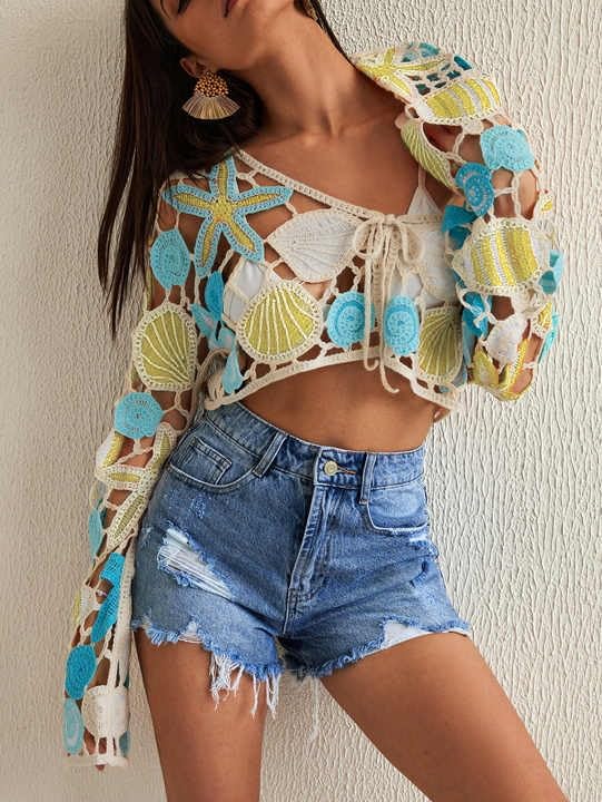 Handmade Crochet Beach Cover Up, Boho Floral Pattern, Turquoise and Coral, Long Sleeve2