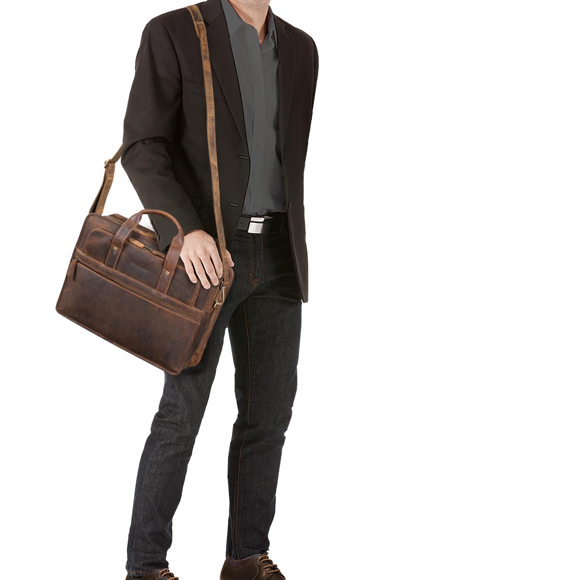 STILORD "Yves Aktentasche Herren Damen Leder Arbeitstasche Dokumententasche 15,6 Zoll Laptoptasche Businesstasche Lehrertasche echtes Rindsleder Farbe:mittel - braun