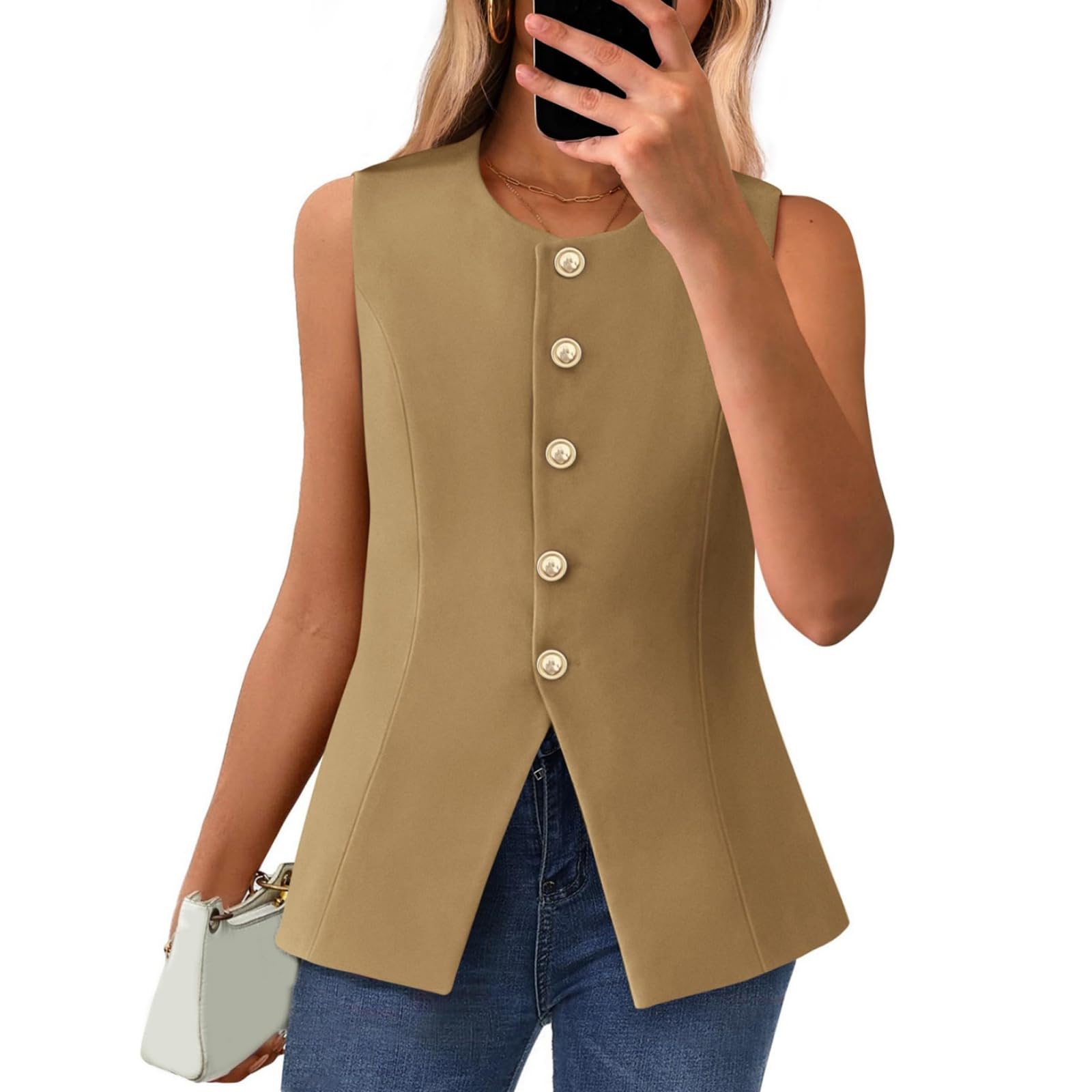 Blazer Vest for Women Casual Button Down Sleeveless Waistcoat Dressy Business Tank Tops Office Work Suit