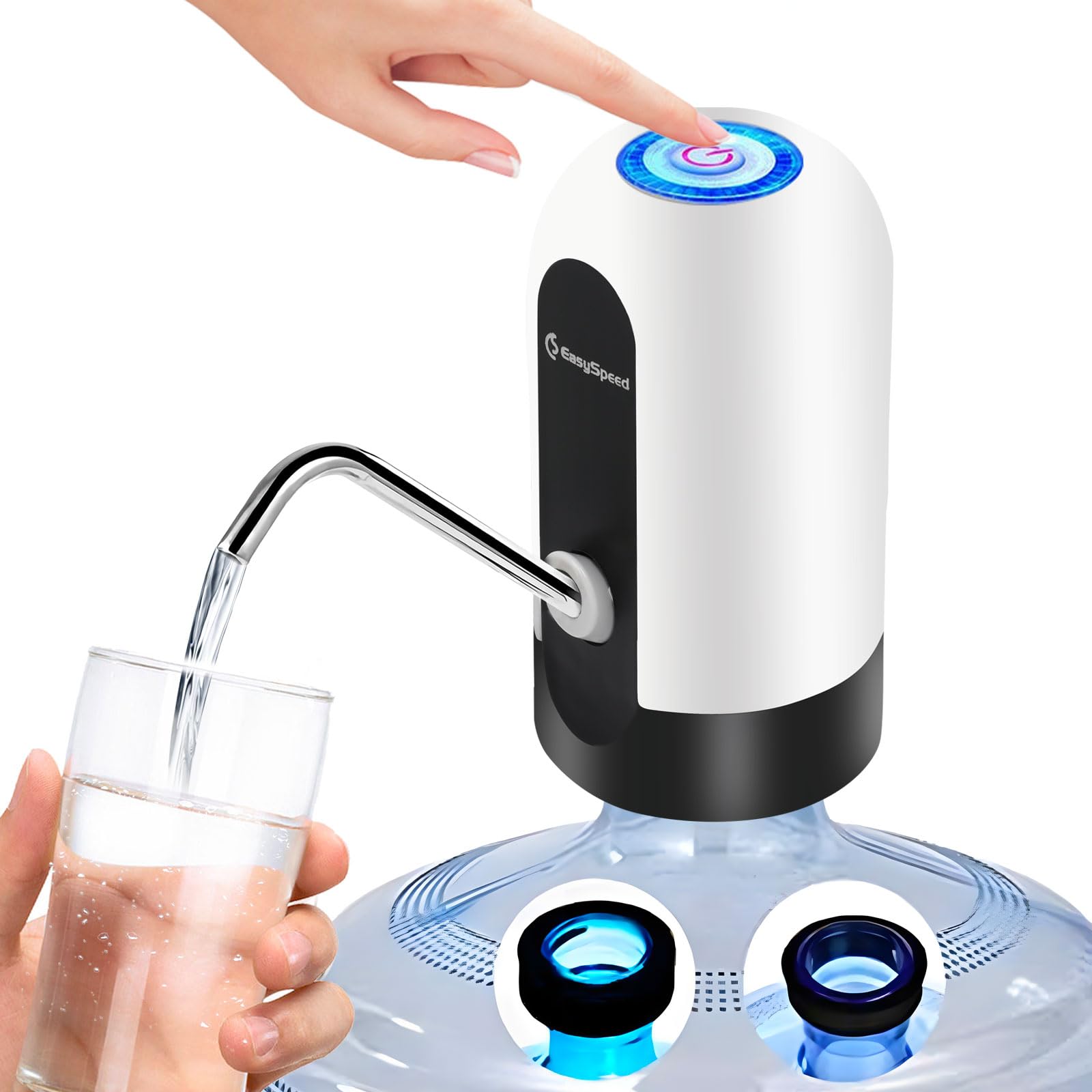 EASYSPEED Dispensador de Agua Fría Automático, 1200 mAh Eléctrico USB Bomba Grifo de Agua, Eléctrica Portátil con 2 Adaptadores para Botellas y Garrafas de 3,5,8,10,13,15,18 litros, Blanco