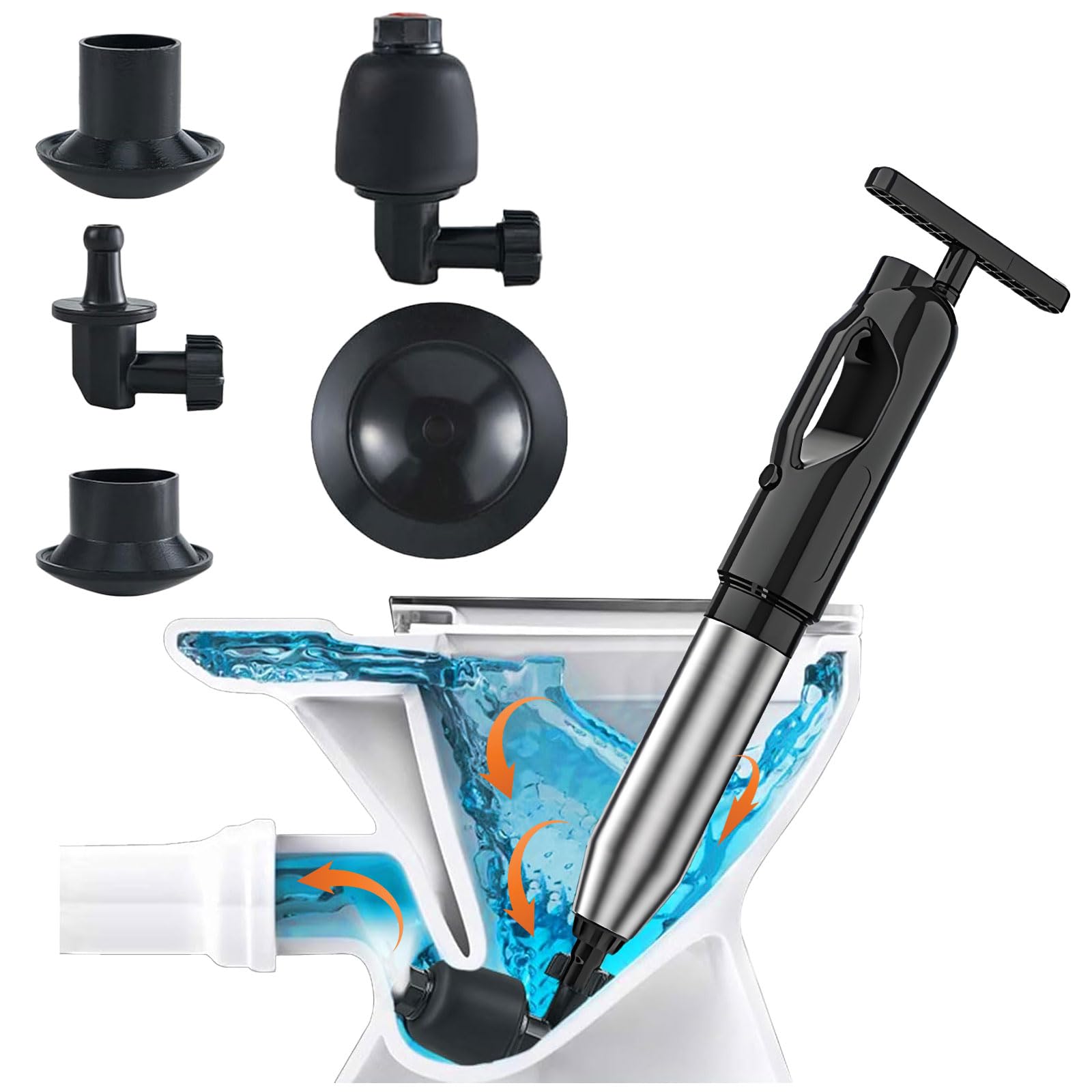 Déboucheur WC à Air Comprimé avec 4 Différentes Ventouses et Baromètre, Deboucheur canalisation Pompe, Déboucheur de Toilette pour Toilette Lavabo Évier Baignoire, 2026 Mise à niveau (Noir)