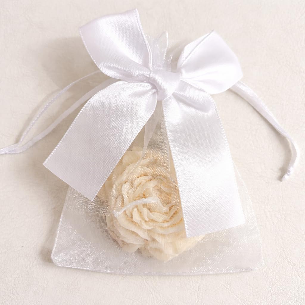 Bougies Petites Fleurs crème en Cire de Colza 20 pièces + Pochettes Organza pour Mariage Baptême Naissance