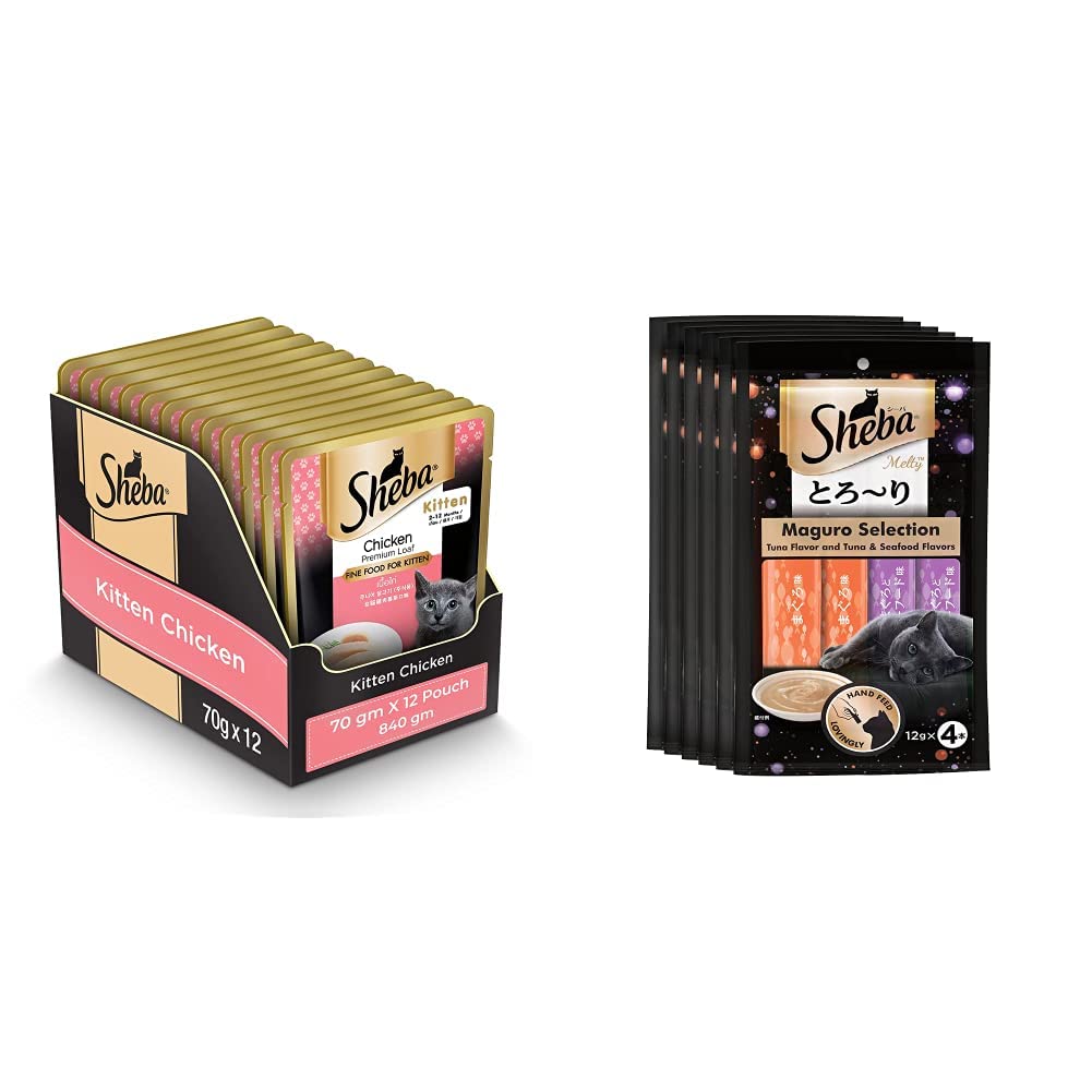 Sheba Premium Fine Wet Food for Kitten (2-12 Months), Chicken Loaf, 12 Pouches (12 x 70g)&Sheba Melty Premium Cat Stick Treat for All Life Stages, Tuna & Tuna-Seafood, 6 Packs (6 x 48g) (B0BP4R8WCR) Amazon Price History, Amazon Price Tracker