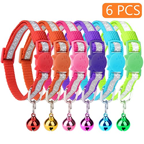 KOOLTAIL 6 Pcs Reflective Cat Collars with Bell 8"-10" Breakaway Nylon Collars Set