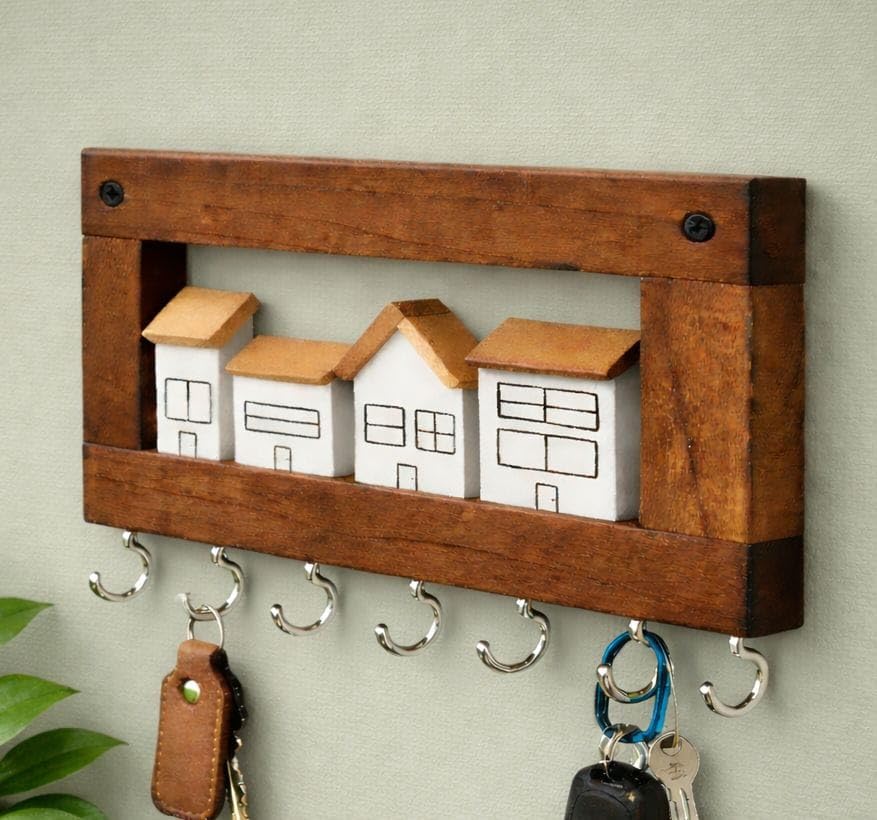 Image of 'Village' Hand Painted Wooden Key Holder for Home Stylish Decor(7hooks) Real Wood. Key Hangers for wall Key Holder Stand Key Stand for wall Keychain Holder for wall
