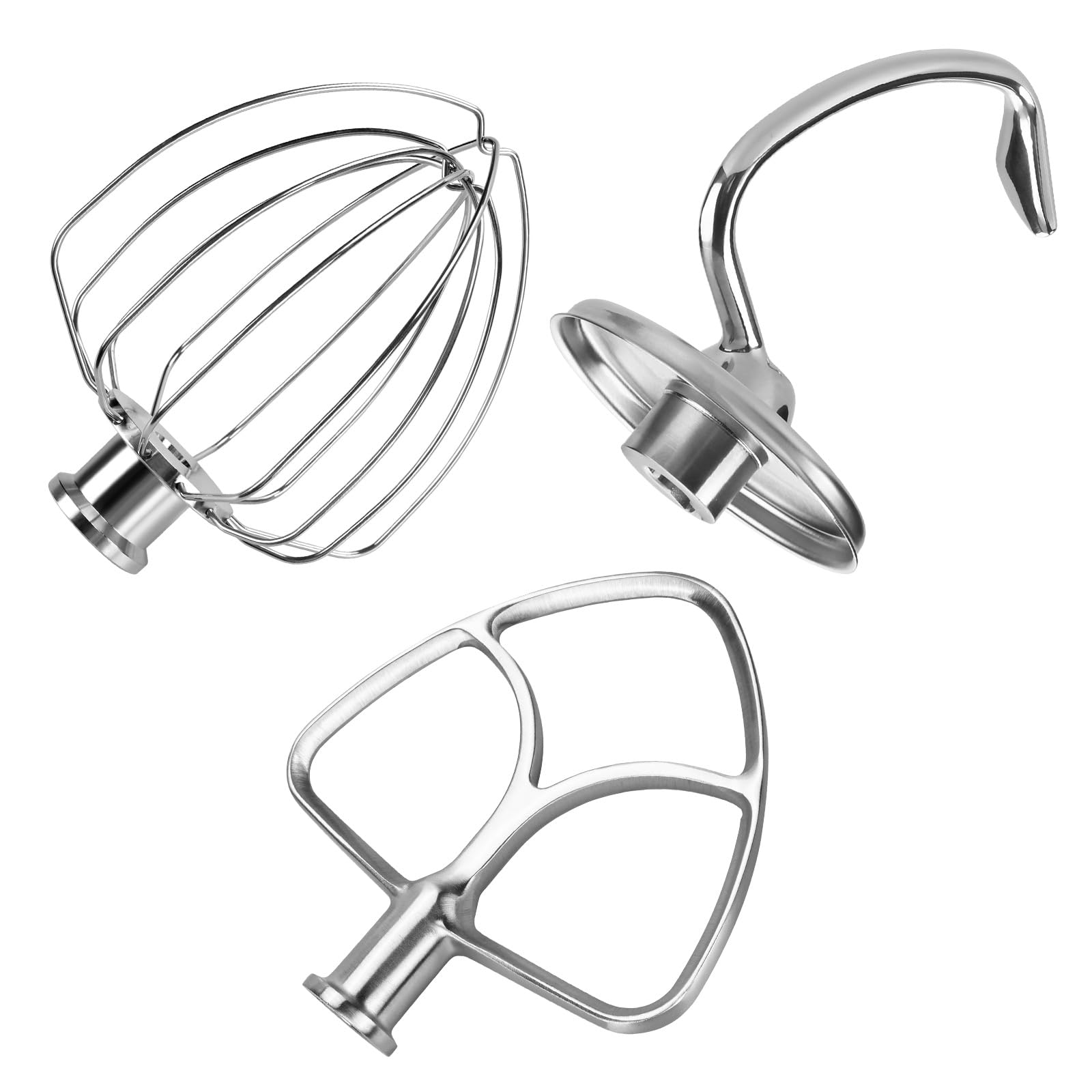3er Zubehör Set aus Edelstahl für KitchenAid 4.3, 4.7/4.8L Artisan & Classic Serie Küchenmaschinen Zubehör von MMOBIEL – K45 6-Drahtiger Schneebesen, Flachrührer und Knethaken – Spülmaschinenfest