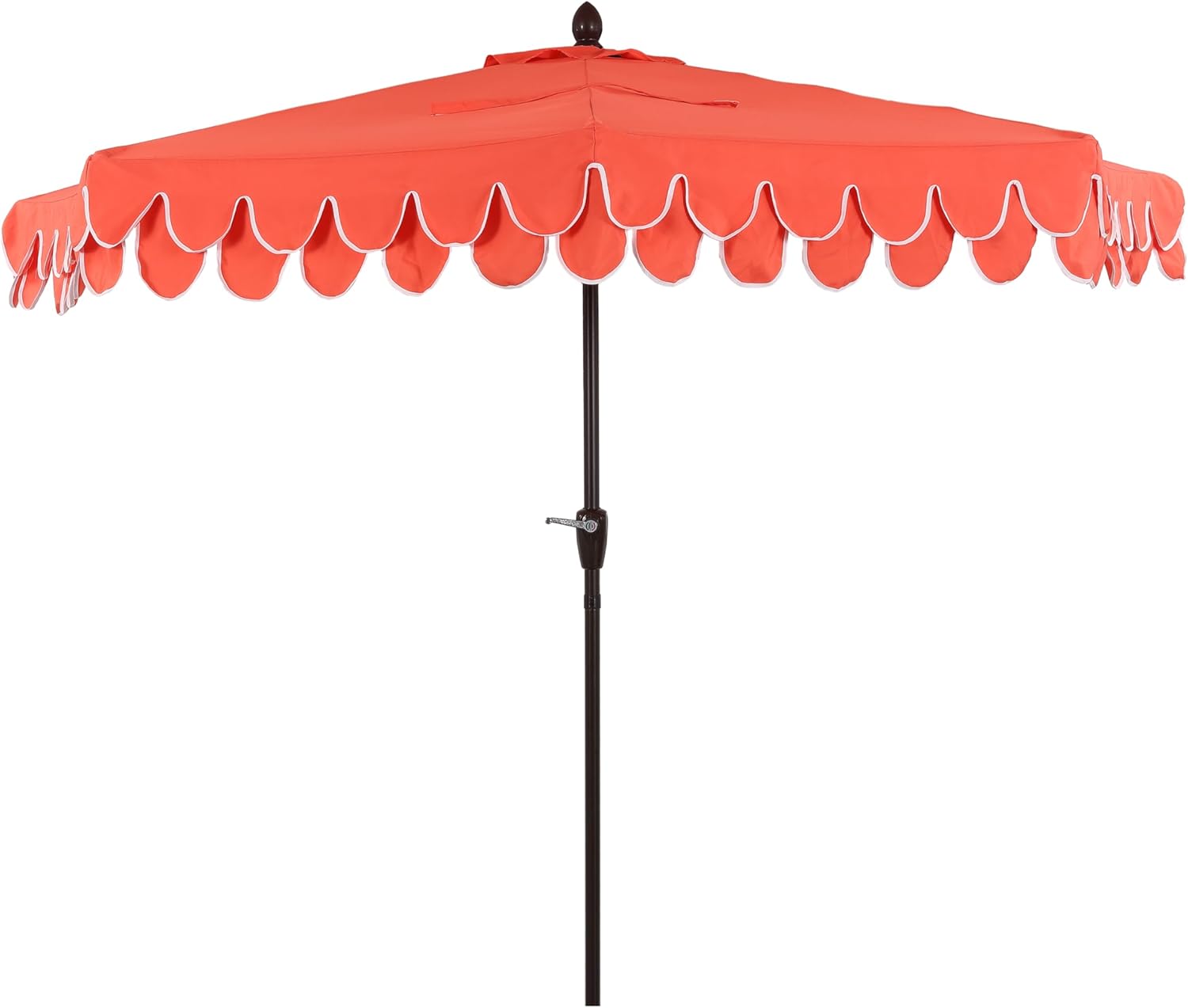 JONATHAN Y Terrace Scalloped 9 ft. Coral Red/White Half Round Patio Umbrella with Crank Lift and Tilt, Coastal Semicircle Market Wall Umbrella for Balcony, Dark Brown Pole UMB1202A