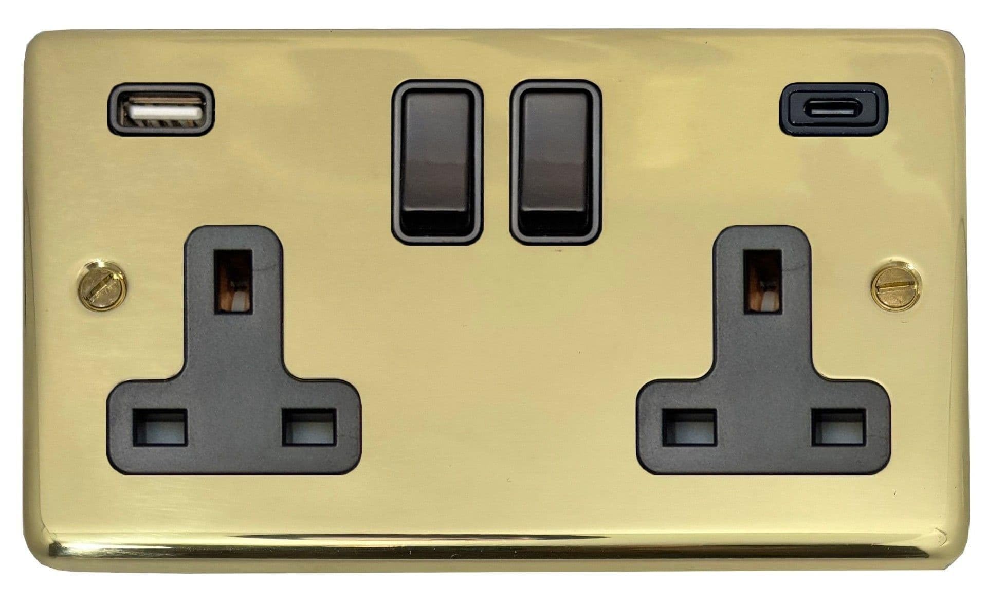 G&H Brassware G&H Cb911b Standard Plate Polished Brass 2 Gang Double 13A Plug Socket 3.1A Usb A + C